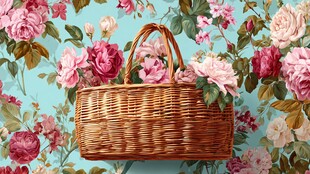 花卉背景中的柳编手提篮