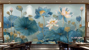 中式荷花背景墙 雅致餐厅风