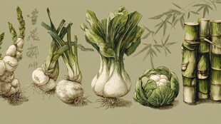 传统中式蔬菜与竹子插画