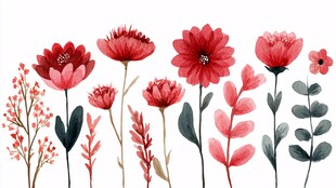 手绘红色花卉植物插画