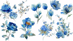 蓝色水彩花卉图案集合