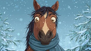 雪地中戴围巾的惊讶马儿