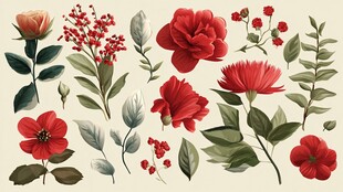 红色花卉植物插画素材