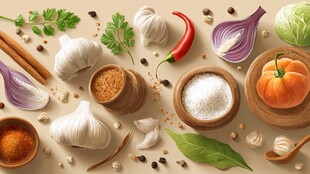 多样厨房香料与新鲜食材