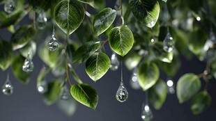 绿叶垂挂晶莹水珠