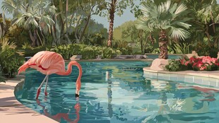 火烈鸟于泳池畔优雅饮水