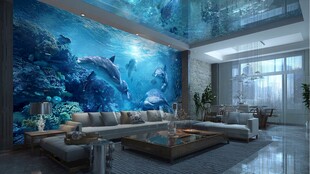海洋主题客厅 梦幻墙绘景观