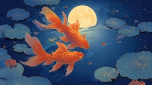 月夜池塘中的双金鱼