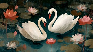 天鹅相伴于荷花池塘间