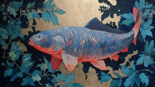 金底锦鲤绘于繁茂绿叶间