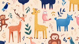 可爱动物与植物插画图案