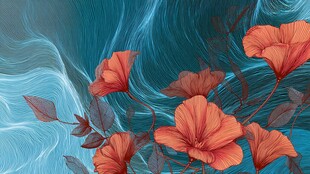 蓝底橙花梦幻插画