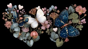 蝴蝶花卉装点的心形图景