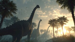 黄昏下漫步的巨型恐龙群