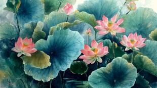 水墨风荷花荷叶美景图