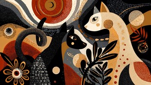 奇幻猫与自然元素插画