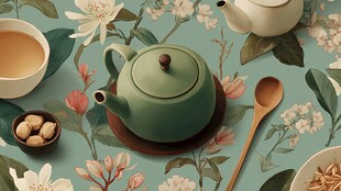 青绿色茶壶茶具花卉静物图