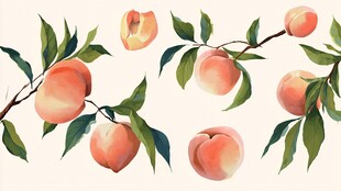 水彩绘鲜嫩桃子与枝叶