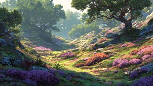 梦幻山谷中的多彩花卉景观