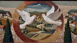 双鸽衔环田园壁画艺术