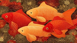 锦鲤鱼群畅游繁花间