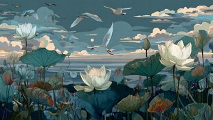 荷塘月色飞鸟诗意景致