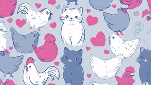 猫鸡爱心图案无缝背景