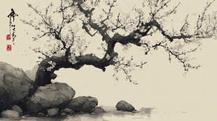 水墨梅花倚石图