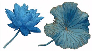 蓝色荷花与荷叶插画