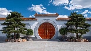 中式庭院大门与苍松景致