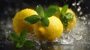 柠檬伴薄荷叶落于冰面