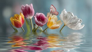 水中郁金香与蝴蝶美景