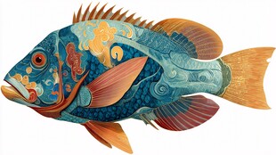 奇幻花纹彩色鱼插画