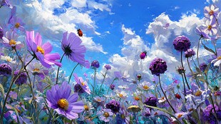 梦幻花海与蓝天白云