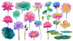 多彩手绘荷花与荷叶集合