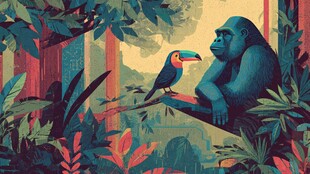 丛林中猩猩与巨嘴鸟对望