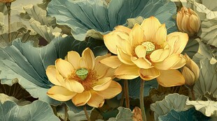 金色荷花绽放于绿叶间