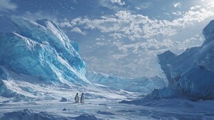 冰川上的企鹅漫步美景