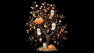 万圣节幽灵南瓜树插画