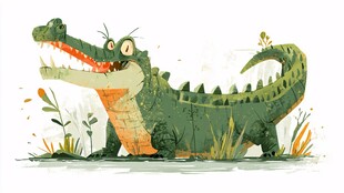 可爱卡通鳄鱼在草地张望