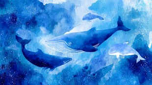 梦幻海洋鲸鱼群水彩插画