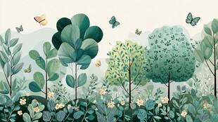 清新绿植与飞舞蝴蝶图景