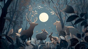 月夜森林中的动物聚会