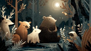 森林月夜下的动物温馨时刻