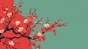 红梅绽放于红绿背景间