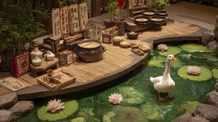 中式庭院荷塘边的闲适场景