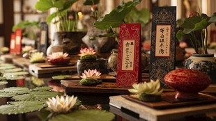 中式雅致茶席与荷花摆件