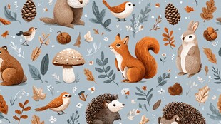 森林小动物与秋日植物图案