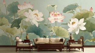 中式荷花背景墙客厅场景