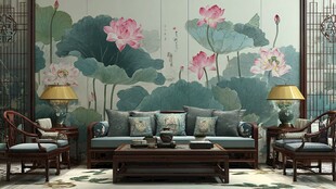 中式客厅 荷花壁画雅致空间